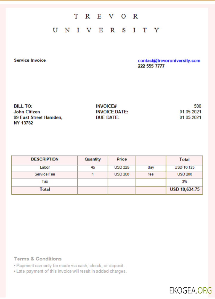 Facture de l'Université Trevor aux États , Unis